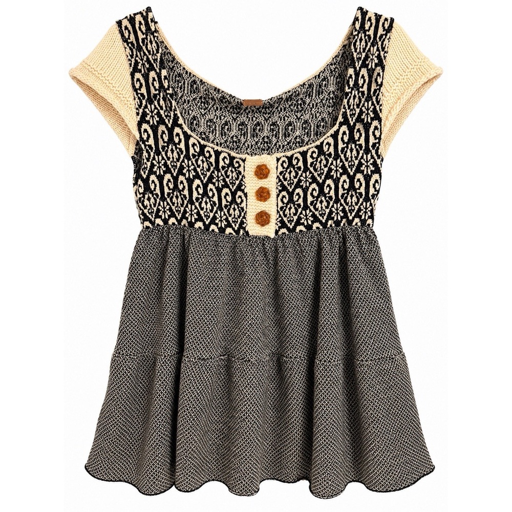 Free People XS Wool Blend Babydoll Top Jacquard Cottagecore Boho Peplum